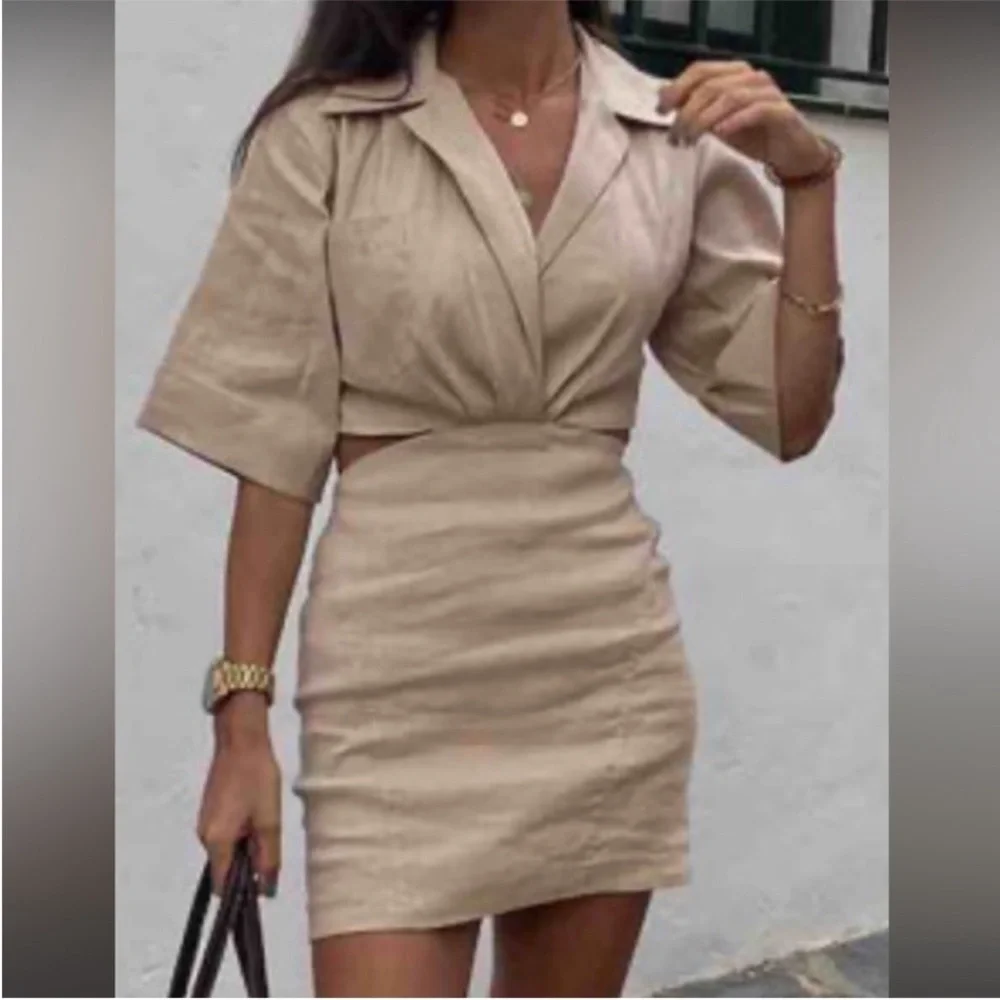 ZARA Blogger Favorite Linen Blend Sand Cut Out Mini Dress Size Small - Picture 4 of 14